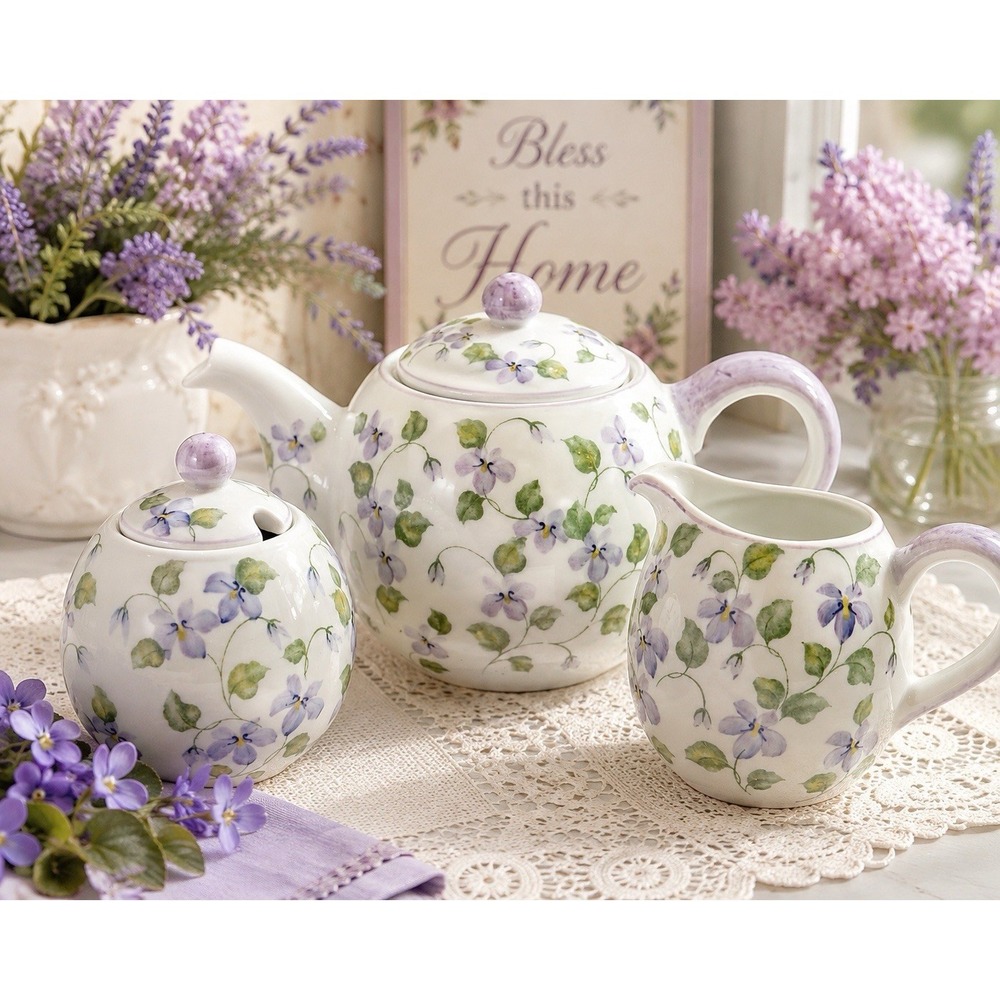 Andrea by Sadek Violet Meadows Porcelain 32 Oz Teapot Sugar Creamer Set